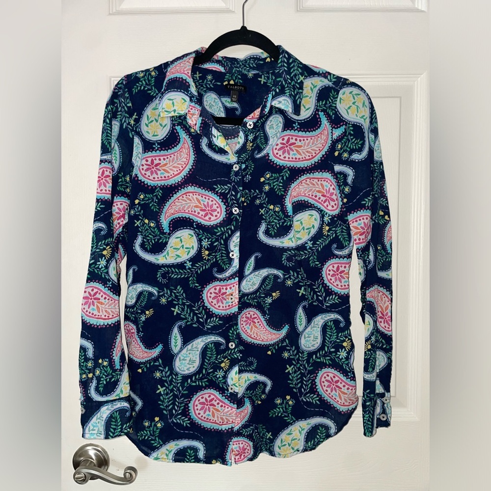 Talbots Navy Paisley Print Button-Down Shirt - Picture 2 of 4